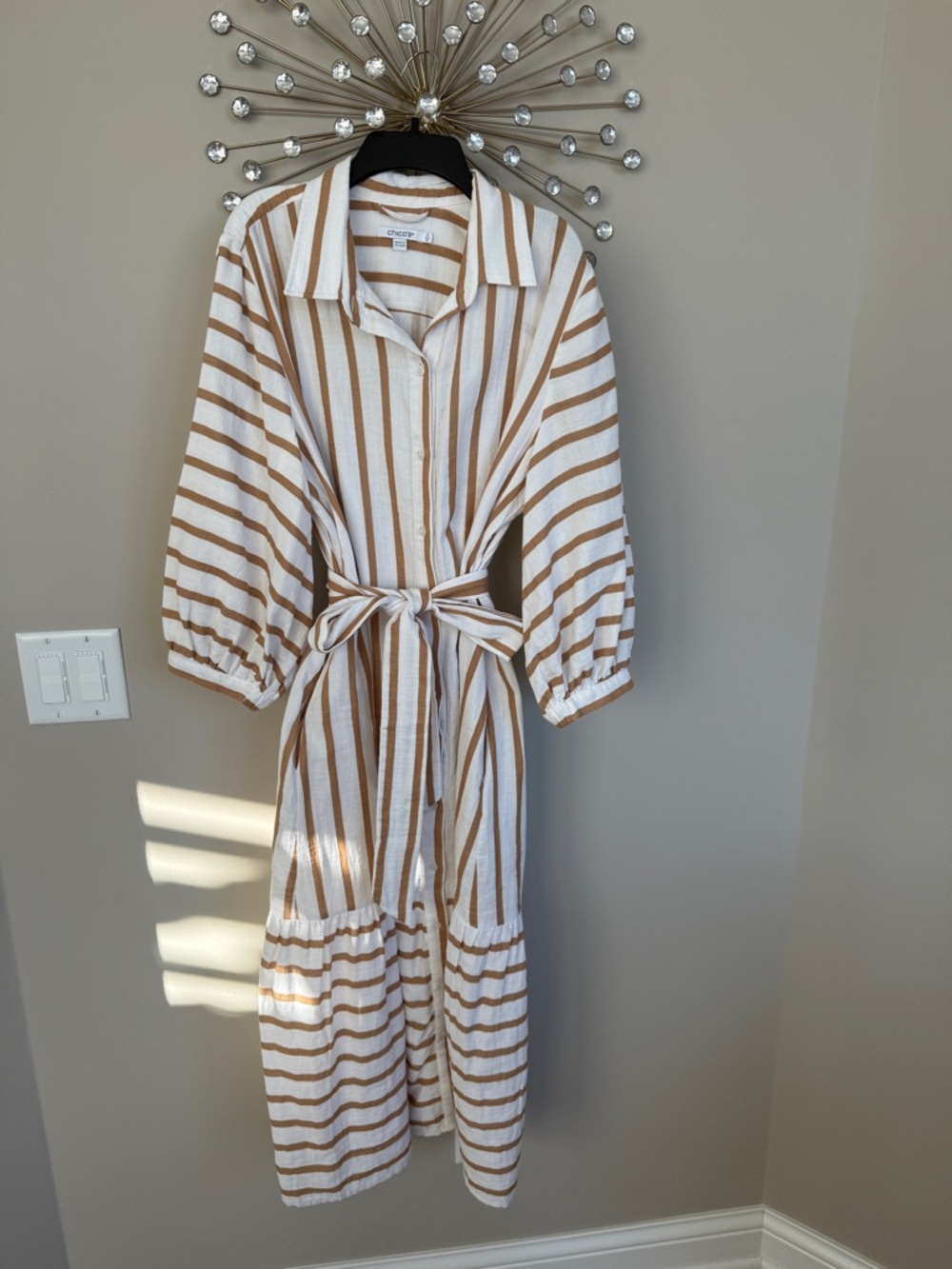 Striped Button-Front Midi Shirtdress with Tie Waist
